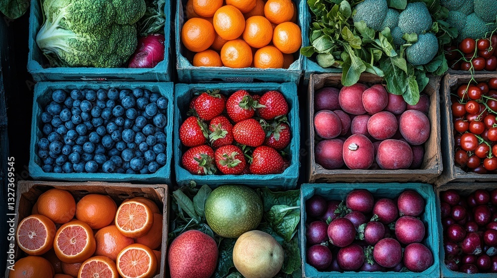 Fresh fruits and vegetables in crates Fresh fruits and vegetables in crates