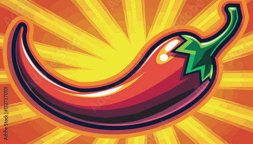 Bold vector illustration of a chili pepper with sunburst background for Cinco de Mayo