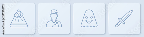 Set line Masons, Ghost, Wizard warlock and Dagger. White square button. Vector