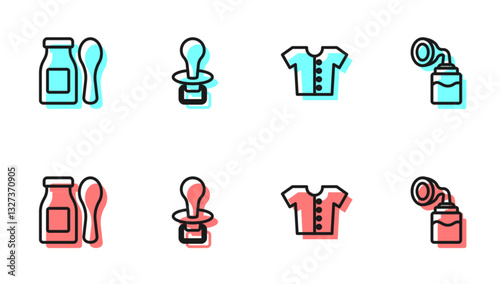 Set line Baby t-shirt, Yogurt in bottle with spoon, dummy pacifier and Breast pump icon. Vector