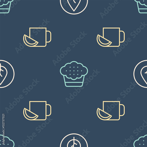 Set line Tea leaf, Cup of tea with lemon and Muffin on seamless pattern. Vector