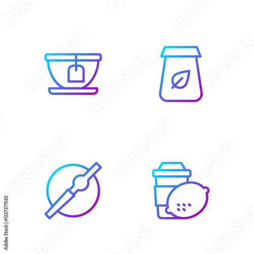 Set line Cup of tea with lemon, Cigarette, bag and Tea packaging. Gradient color icons. Vector