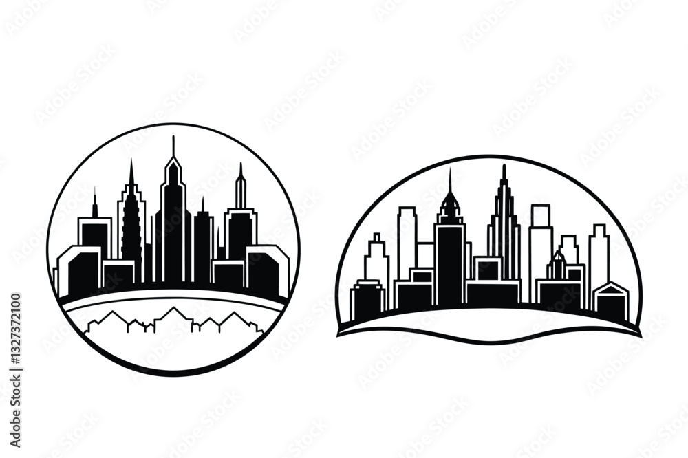 Obraz premium Black and White City Skyline Illustrations in Circular and Semicircular Frames