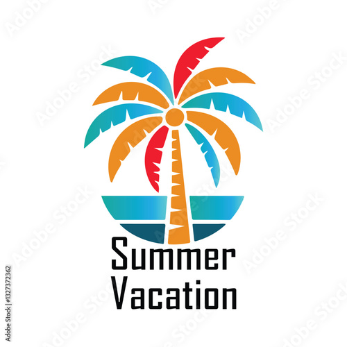 This image is a vibrant and modern graphic design representing a summer vacation theme. At the canter, a stylized palm tree stands tall with a curved trunk in deep red.