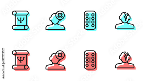 Set line Sedative pills, Psychology book, Solution problem in psychology and icon. Vector