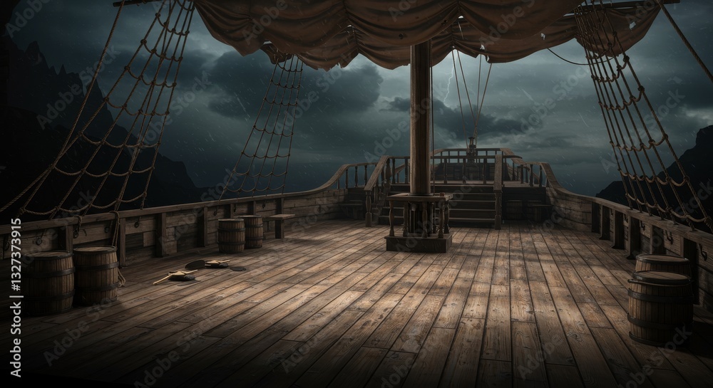 Naklejka premium Deserted Pirate Ship Deck Stage Scene - A moody deserted pirate ship deck, symbolizing adventure, mystery, danger, isolation, and forgotten treasures