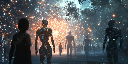 A group of AI humanoid robots in a futuristic sci-fi environment, symbolizing the evolution of artificial intelligence and the digital transformation of human civilization