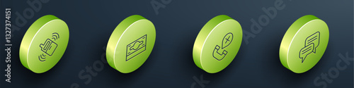 Set Isometric line Mobile phone, Stacks paper money cash, Declined or missed call and Speech bubble chat icon. Vector