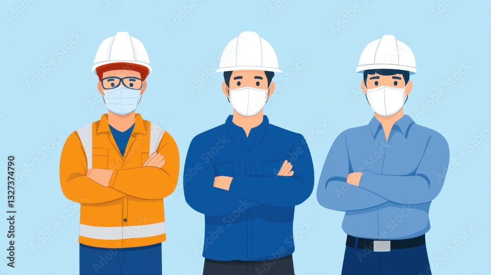 Safety-Conscious Workers in Hard Hats Standing Confidently with Crossed Arms Against a Light Blue Background Safety-Conscious Workers in Hard Hats Standing Confidently with Crossed Arms Against a Light Blue Background