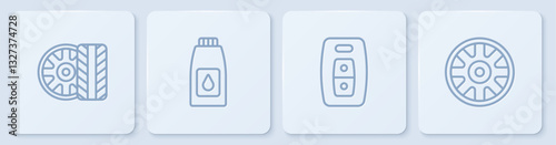 Set line Car tire wheel, key with remote, Canister for motor machine oil and Alloy car. White square button. Vector