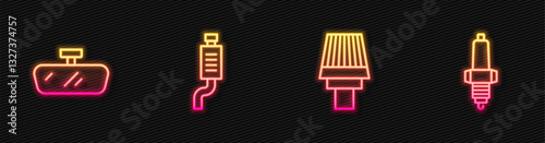 Set line Car air filter, mirror, muffler and spark plug. Glowing neon icon. Vector