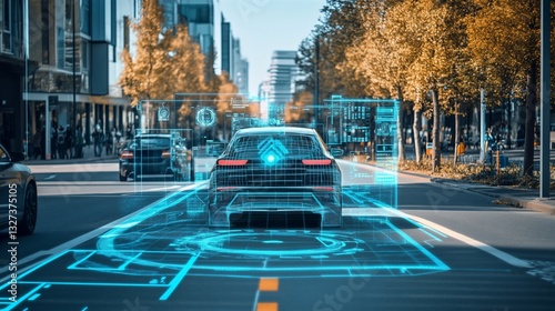 Futuristic autonomous vehicle technology integrating with urban environment visualization