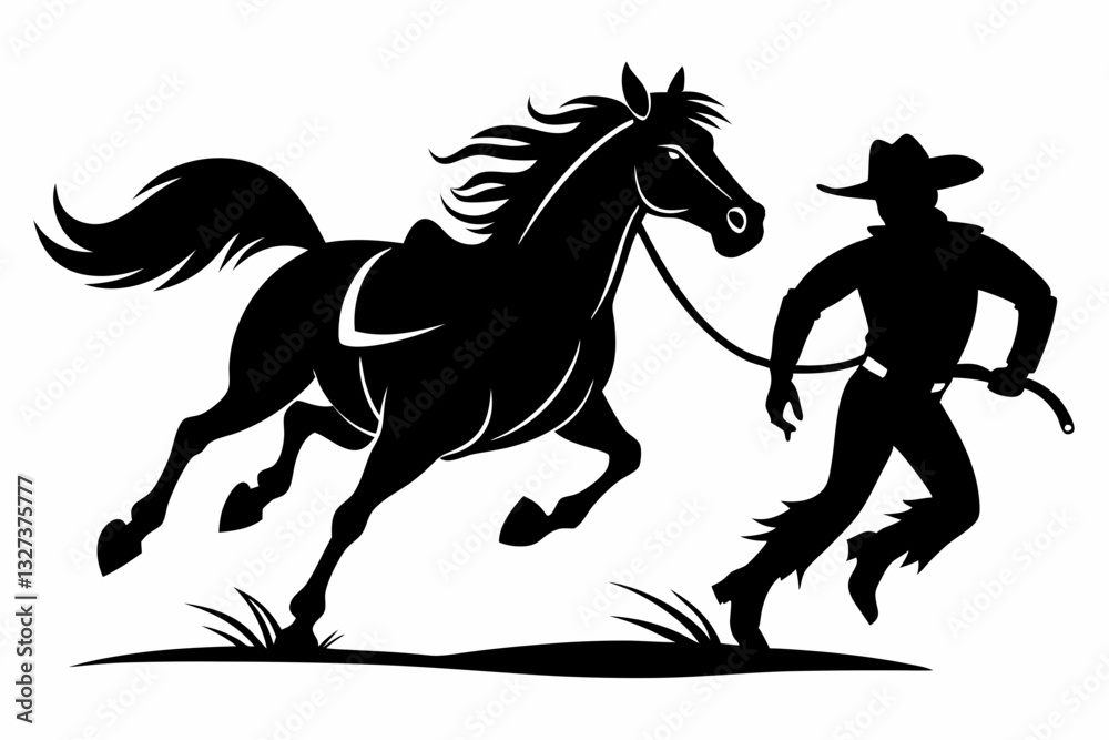 cowboy and horse running line art silhouette vector illustration cowboy and horse running line art silhouette vector illustration