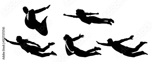 Set of Business people flying, floating, jumping in the air silhouettes. Concept of freedom, development, aspirations. Men, women moving forward. Black outline vector illustration isolated