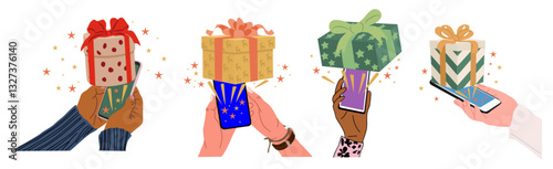 Different hands holding mobile smart phones with festive wrapped gift boxes pop up from phone screens. Presents for Christmas, New year, Birthday, online shopping, e-commerce concept. Vector isolated.
