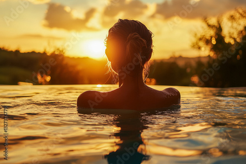 Girl relaxing and enjoying a serene swim in a warm pool during sunset.