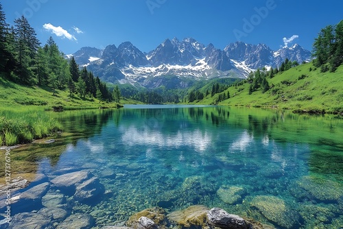 Stunning Alpine Lake with Crystal Clear Water and Majestic Mountain Peaks