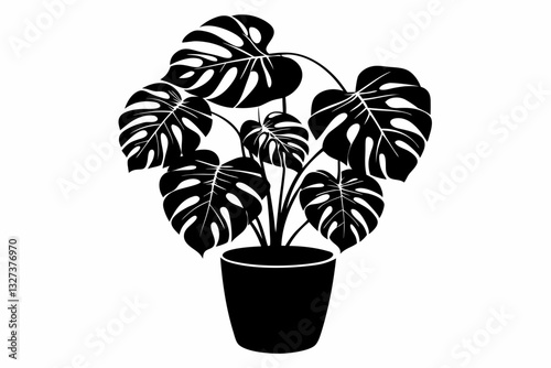 monstera deliciosa plant in pot line art silhouette vector illustration