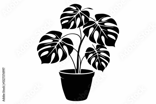 monstera deliciosa plant in pot line art silhouette vector illustration