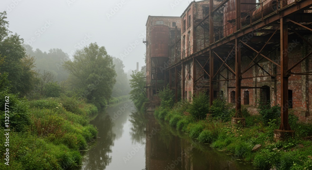 Foggy River Beside Abandoned Factory - A misty morning scene showing an abandoned brick factory alongside a calm river, overgrown with vegetation Foggy River Beside Abandoned Factory - A misty morning scene showing an abandoned brick factory alongside a calm river, overgrown with vegetation