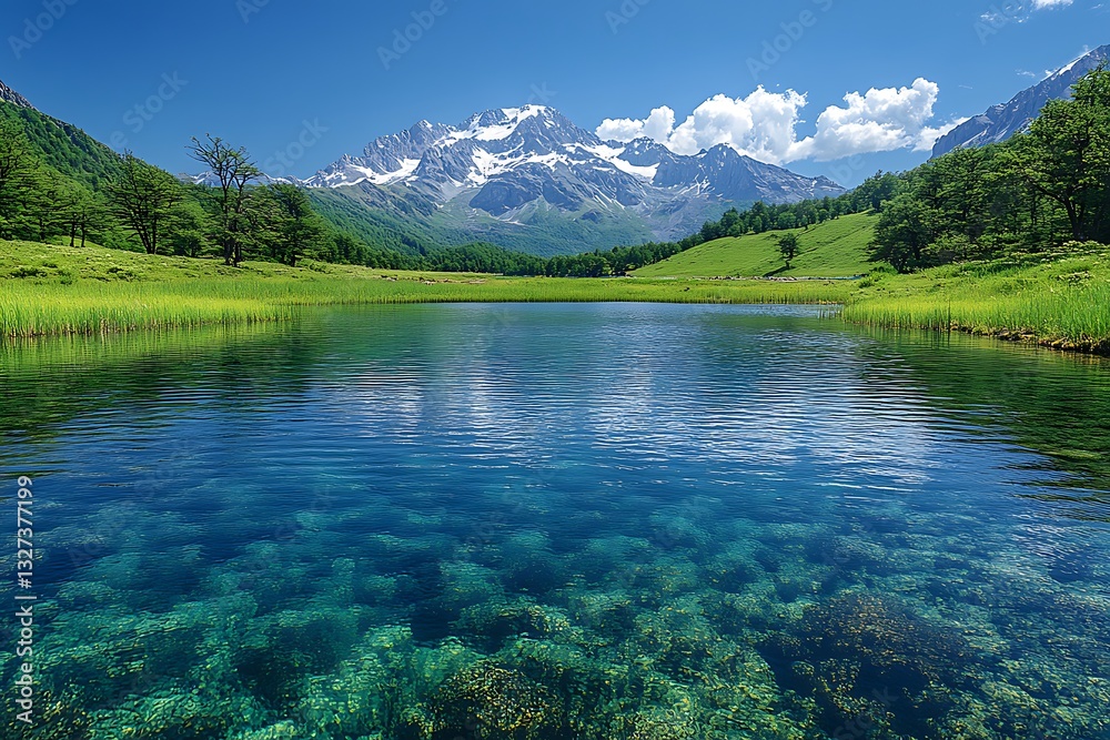 Serene Mountain Lake with Crystal Clear Water and Majestic Snow-Capped Peaks