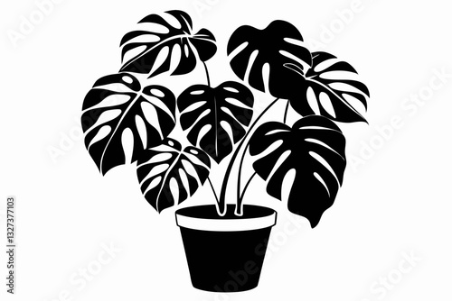 monstera deliciosa plant in pot line art silhouette vector illustration