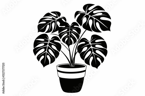 monstera deliciosa plant in pot line art silhouette vector illustration