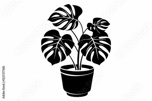 monstera deliciosa plant in pot line art silhouette vector illustration
