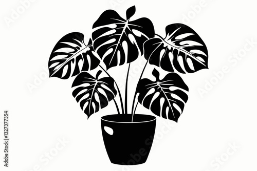 monstera deliciosa plant in pot line art silhouette vector illustration