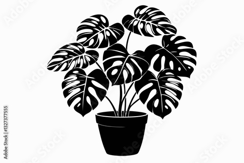 monstera deliciosa plant in pot line art silhouette vector illustration