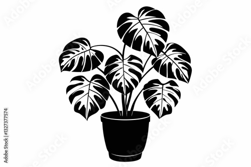 monstera deliciosa plant in pot line art silhouette vector illustration