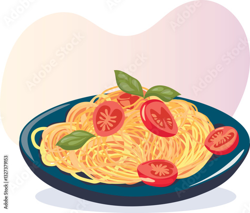 Italian pasta with tomatoes and basil leaves. Italian cuisine, healthy food, cooking, restaurant menu, food, recipe concept. Vector illustration for, poster, menu, cover, banner.