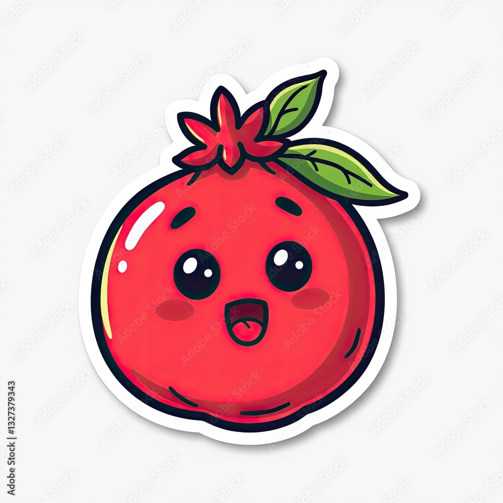 Obraz premium Cute Pomegranate Character with Happy Expression and Green Leaves