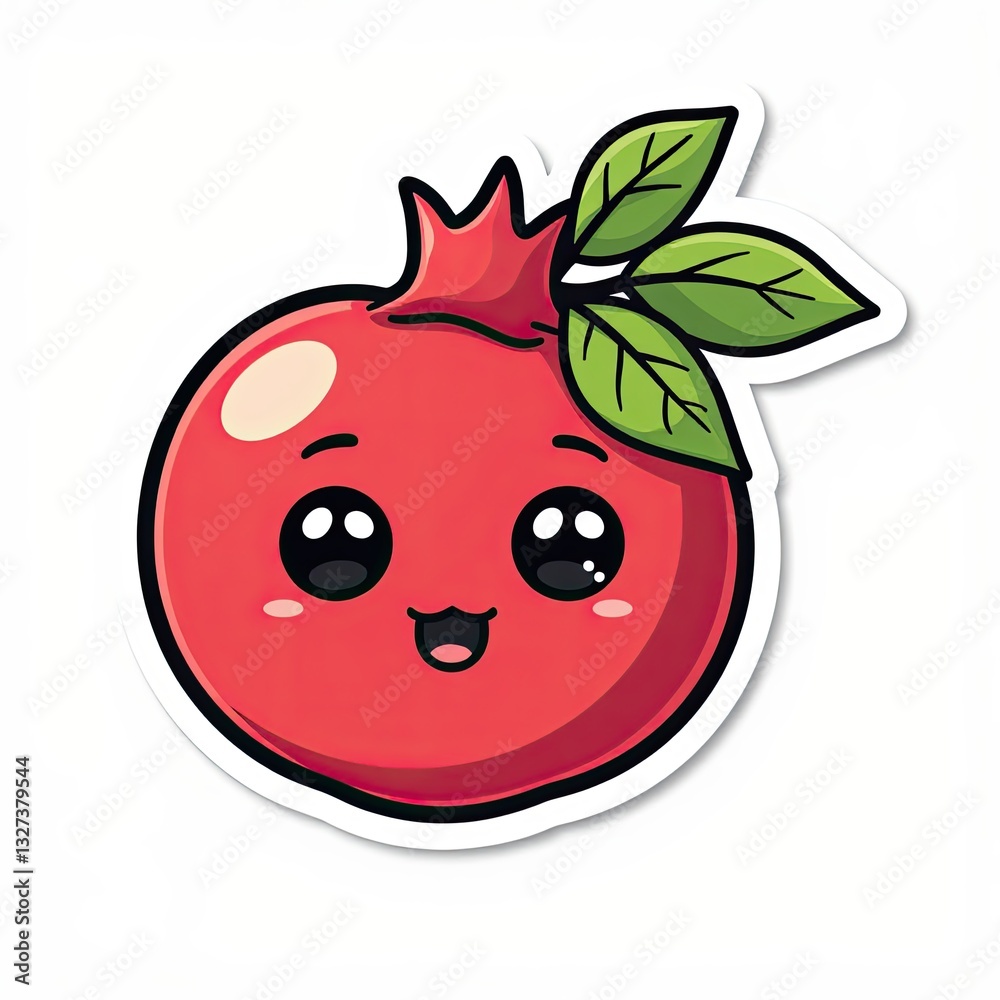 Obraz premium Cute Pomegranate Character with Happy Expression and Green Leaves