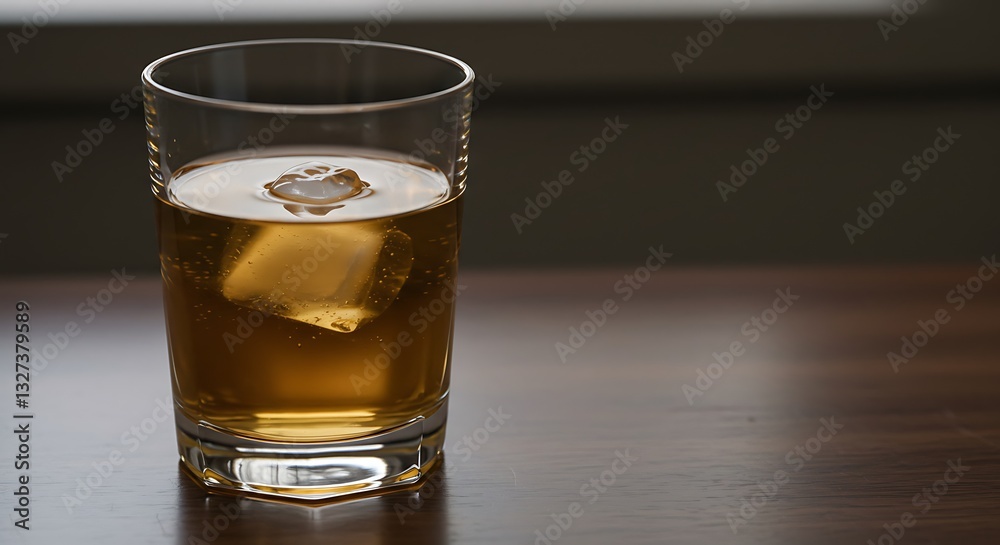 Golden Hour Whiskey: A Single Ice Cube in a Glass Golden Hour Whiskey: A Single Ice Cube in a Glass