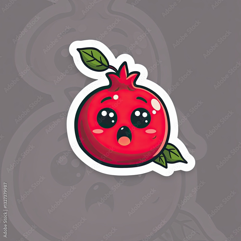 Obraz premium Cute Pomegranate Character with Happy Expression and Green Leaves