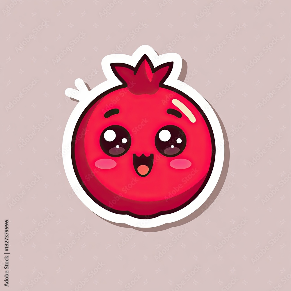 Obraz premium Cute Pomegranate Character with Happy Expression and Green Leaves