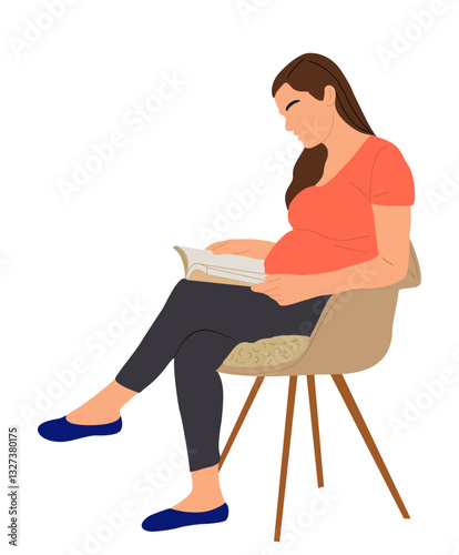 Pregnant woman sitting on armchair reading book, side view. Pretty pregnant girl in cozy home clothes cartoon character. Vector colorful flat illustration isolated 
