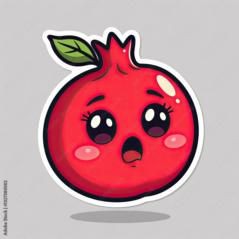 Fototapeta premium Cute Pomegranate Character with Happy Expression and Green Leaves