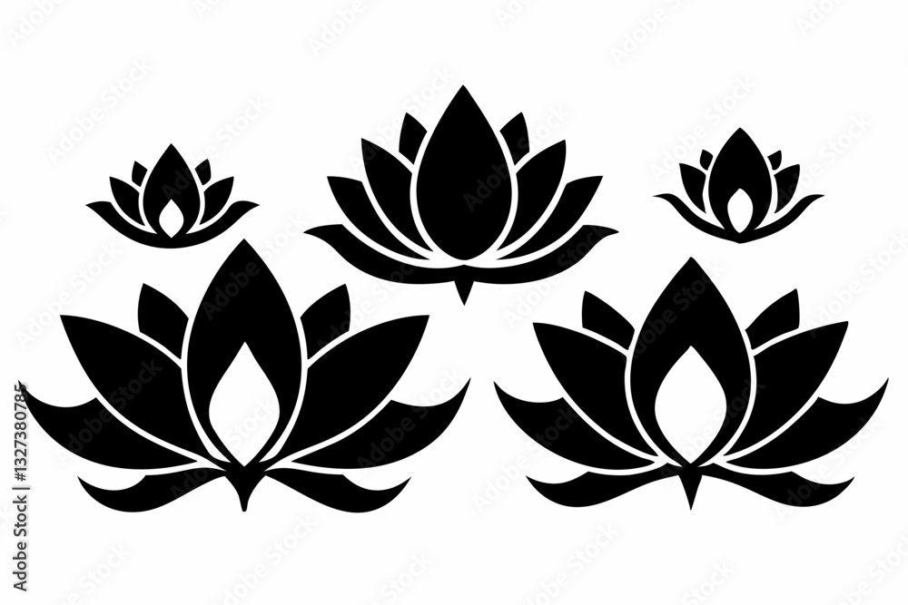 set of four lotus flowers line art silhouette vector illustration