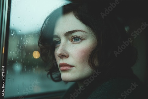 A widow looking out of a window on a rainy day, her face reflecting a quiet sadness, symbolizing the long journey of healing after a devastating loss. 