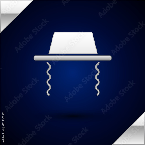 Silver Orthodox jewish hat with sidelocks icon isolated on dark blue background. Jewish men in the traditional clothing. Judaism symbols. Vector