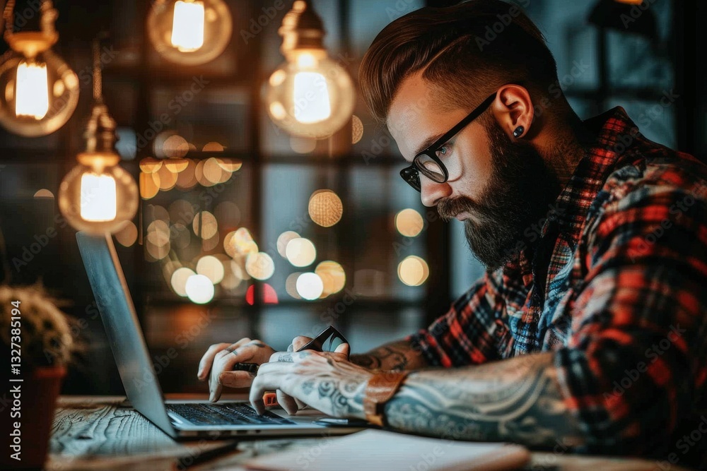 A man with a beard and glasses is typing on a laptop A man with a beard and glasses is typing on a laptop