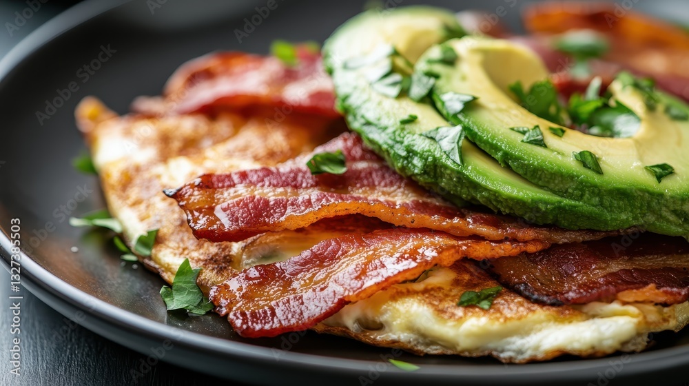 This enticing savory bacon omelette, adorned with fresh avocado slices and vibrant greens, invites food lovers to enjoy a delightful breakfast aesthetic and taste. This enticing savory bacon omelette, adorned with fresh avocado slices and vibrant greens, invites food lovers to enjoy a delightful breakfast aesthetic and taste.