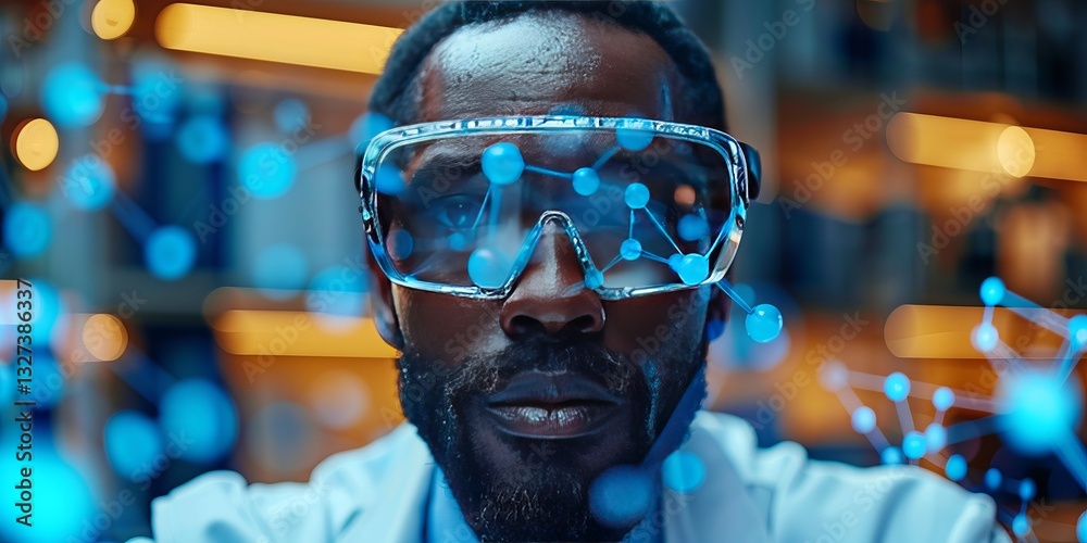 Scientist wearing futuristic smart glasses analyzing holographic molecular structures in a high-tech laboratory Scientist wearing futuristic smart glasses analyzing holographic molecular structures in a high-tech laboratory
