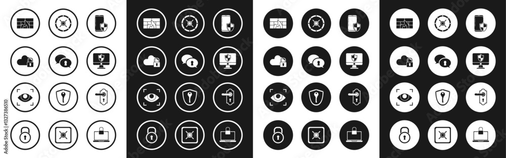 Set Smartphone with security shield, Protection of personal data, Cloud computing lock, Firewall, wall, Computer monitor and, Safe, Door handle and Eye scan icon. Vector Set Smartphone with security shield, Protection of personal data, Cloud computing lock, Firewall, wall, Computer monitor and, Safe, Door handle and Eye scan icon. Vector