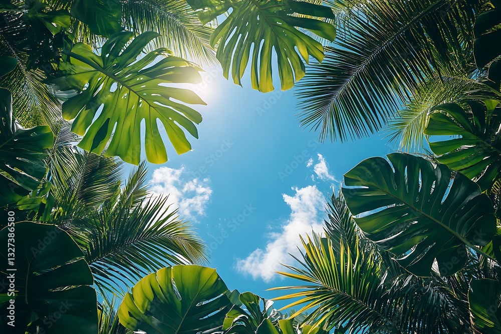 Fototapeta premium Lush Tropical Paradise Vibrant Monstera & Palm Leaves Under Sunny Sky