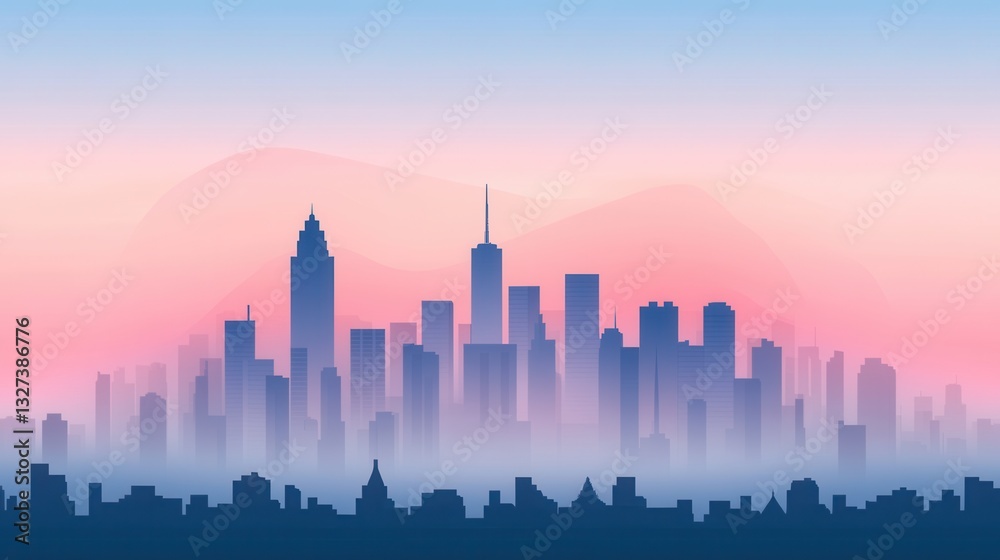 Fototapeta premium Abstract Skyline Silhouette at Dawn with Soft Pastel Colors and Fog in Urban Landscape