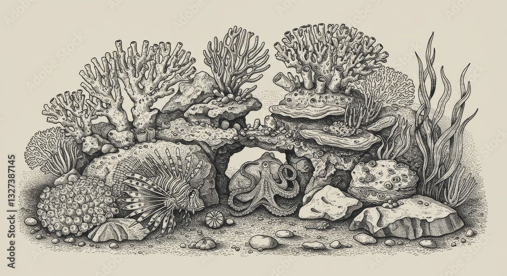 custom made wallpaper toronto digitalOcean Coral Reef Scene - Detailed ink drawing of an underwater coral reef scene with octopus, lionfish, and various coral formations