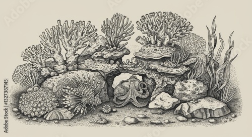 Wallpaper Mural Ocean Coral Reef Scene - Detailed ink drawing of an underwater coral reef scene with octopus, lionfish, and various coral formations Torontodigital.ca